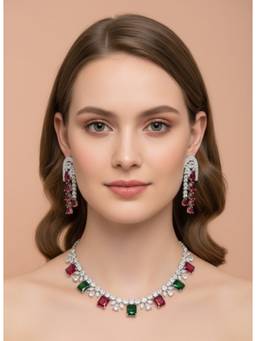 AM SWAN - Luxury Silver-Tone Cubic Zirconia Ruby And Emerald Statement Jewellery Set