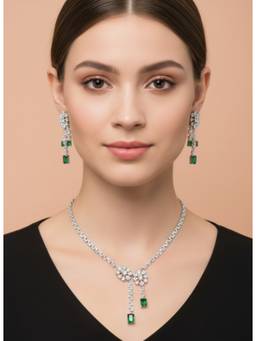 AM SWAN - Luxury Silver-Tone Cubic Zirconia Floral Drop Jewellery Set