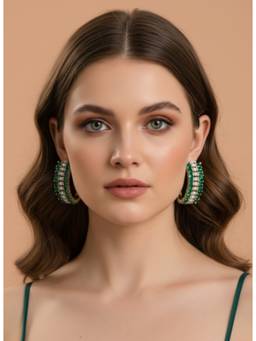 AM SWAN - Elegant Green And Silver Cubic Zirconia Hoop Earrings
