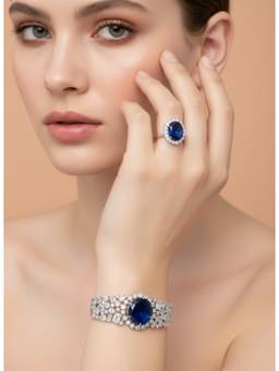 AM SWAN - Blue Cubic Zirconia Halo Brecelet and Ring