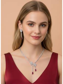 AM SWAN - Elegant Ruby Drop Diamond Jewellery Set - Necklace And Earrings