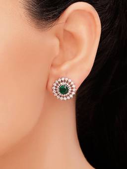 Zavya - Green Floral Rhodium Plated 925 Sterling Silver Earrings
