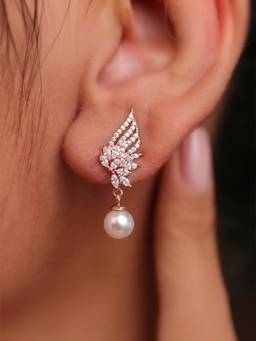 Zavya - Floral Winged Pearl Rose Gold Plated 925 Silver Drop Earrings