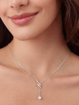 Zavya - Pearl Line Drop 925 Sterling Silver Necklace