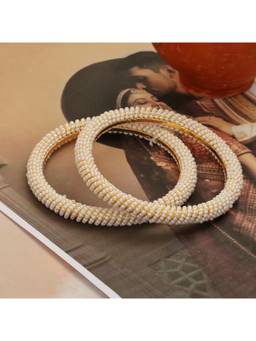 Opal Touch - Gold Plated Pearl Spiral Beaded Designer Pattern Bangles (Pack Of 2)