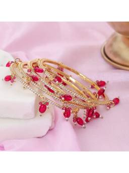 Opal Touch - Gold Plated American Diamond Beaded Charm Pattern Designer Bangles (Pack Of 4)
