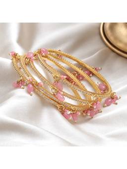 Opal Touch - Gold Plated American Diamond Beaded Charm Pattern Designer Bangles (Pack Of 4)