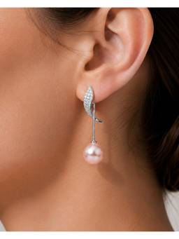 Opal Touch - Rhodium Plated Curved Leaf Pearl Drop Earrings