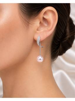 Opal Touch - Rhodium Plated Curved Wave Pearl Drop Earrings