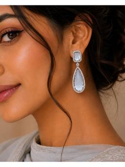 Opal Touch - Rhodium Plated Geometric Teardrop Drop Earrings