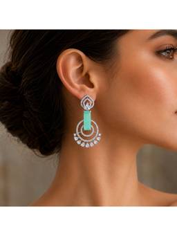 Opal Touch - Rhodium Plated Concentric Circle Pattern American Diamond Drop Earrings