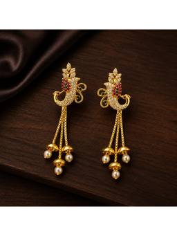 Opal Touch - Gold Plated Peacock Design Cz Stone Drop Earrings with Pearl Tassels
