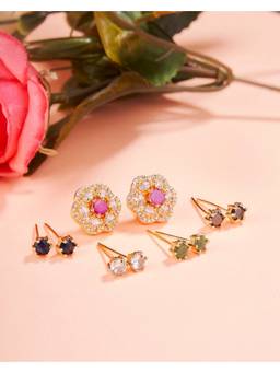 Opal Touch - Colour Changeable Gold Plated Floral Stud Earrings (Pack Of 6)