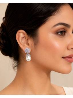 Opal Touch - Rhodium Plated Floral Pearl Drop Earrings