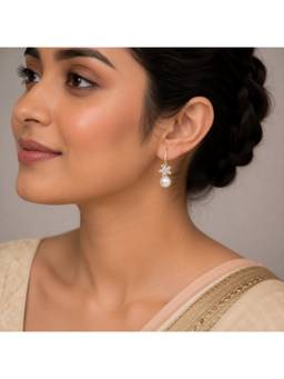 Opal Touch - Gold Plated Floral Pearl Drop Earrings with Cz Stones