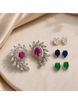 Opal Touch - Rhodium Plated Changeable Stud Earrings (Pack Of 5)