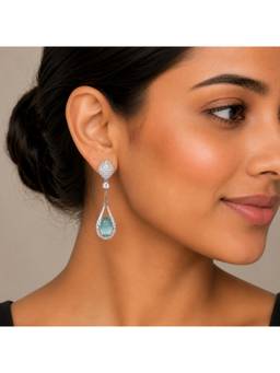 Opal Touch - Rhodium Plated American Diamond Teardrop Dangle Earrings