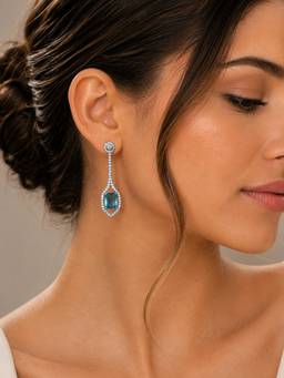 Opal Touch - Rhodium Plated American Diamond Geometric Open Frame Drop Earrings