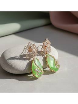 Opal Touch - Gold Plated Cz Teardrop Drop Earrings with Geometric Layered Design