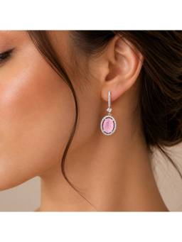Opal Touch - Rhodium Plated Oval Halo Drop Earrings with Sparkling Stone Accent