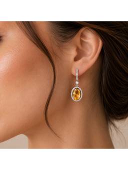 Opal Touch - Rhodium Plated Oval Halo Drop Earrings with Sparkling Stone Accent