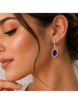 Opal Touch - Rhodium Plated Oval Halo Drop Earrings with Sparkling Stone Accent