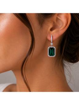 Opal Touch - Rhodium Plated Emerald Cut Halo Drop Earrings with Sparkling Stone Accent