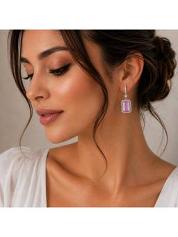 Opal Touch - Rhodium Plated Emerald Cut Halo Drop Earrings with Sparkling Stone Accent