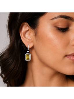 Opal Touch - Rhodium Plated Emerald Cut Halo Drop Earrings with Sparkling Stone Accent