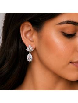 Opal Touch - Rhodium Plated Pear Drop Earrings with Floral Stone Design