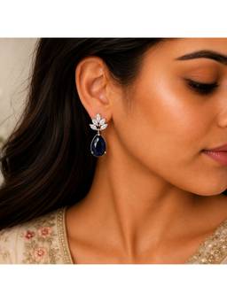 Opal Touch - Rhodium Plated Pear Drop Earrings with Floral Stone Design