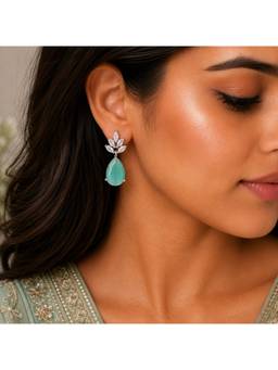 Opal Touch - Rhodium Plated Pear Drop Earrings with Floral Stone Design