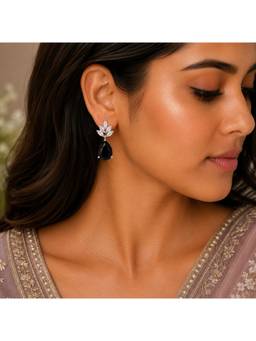 Opal Touch - Rhodium Plated Pear Drop Earrings with Floral Stone Design