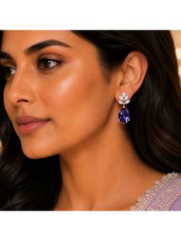 Opal Touch - Rhodium Plated Pear Drop Earrings with Floral Stone Design