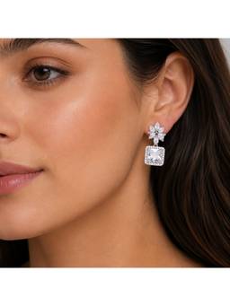 Opal Touch - Rhodium Plated Square Halo Drop Earrings with Floral Stone Design