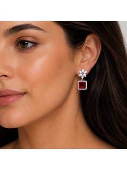 Opal Touch - Rhodium Plated Square Halo Drop Earrings with Floral Stone Design