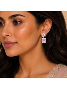 Opal Touch - Rhodium Plated Square Halo Drop Earrings with Floral Stone Design