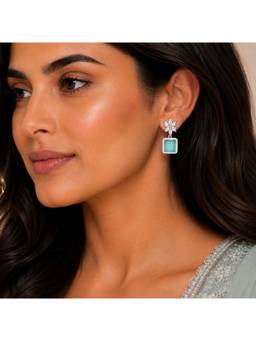 Opal Touch - Rhodium Plated Square Halo Drop Earrings with Floral Stone Design