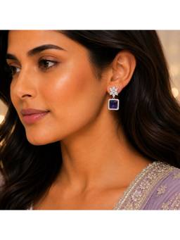 Opal Touch - Rhodium Plated Square Halo Drop Earrings with Floral Stone Design