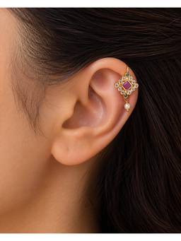 Opal Touch - Gold Plated Geometric Square Kundan Pearl Earcuff