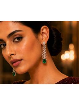 Opal Touch - Rhodium Plated Feather Leaf American Diamond Dangler Earrings
