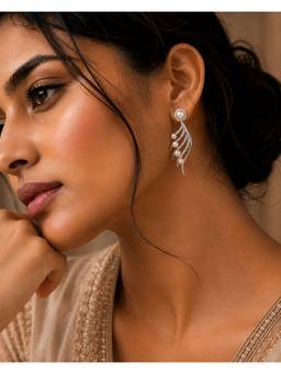 Opal Touch - Rhodium-Plated Cubic Zirconia and Pearl Feather Earrings