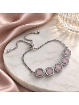 Opal Touch - Rhodium Plated Five Stone Halo Pattern Adjustable Bracelet