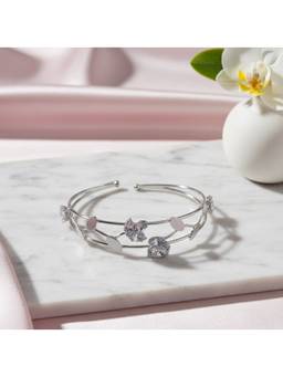Opal Touch - Rhodium Plated Floral Vine Open Cuff Pattern Bracelet
