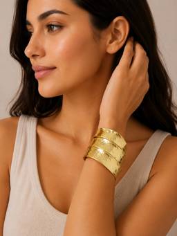 Opal Touch - Gold Plated Hammered Pattern Textured Wide Cuff