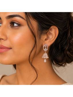 Opal Touch - Rose Gold Plated Cz Traditional Bell Jhumka Pattern Earrings