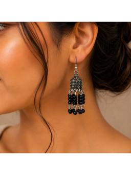 Opal Touch - Oxidized Silver Plated Long Cylindrical Jhumka Pattern Earrings