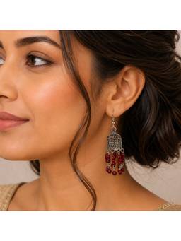 Opal Touch - Oxidized Silver Plated Long Cylindrical Jhumka Pattern Earrings
