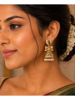 Opal Touch - Gold Plated Traditional Peacock Jhumka Pattern Earrings