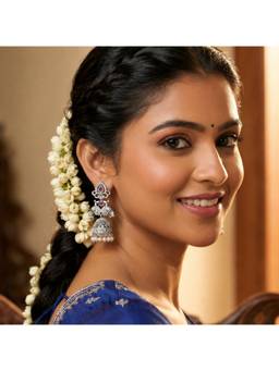 Opal Touch - Rhodium Plated Floral Motifs Pearl Drops Jhumka Earrings